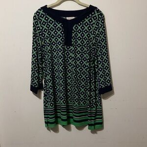 Charter Club Geometric Print Tunic Top - Navy & Green - Size XL - 3/4 Sleeve